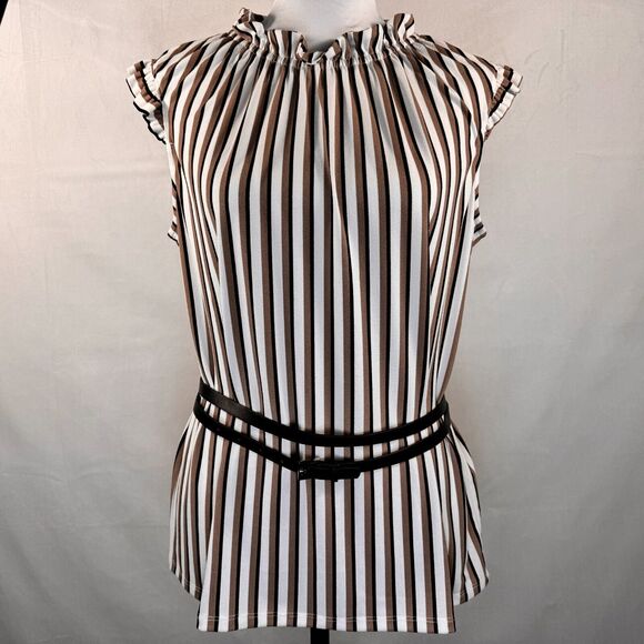 Adrianna Papell Tops - Adrianna Papell Women Tank Sz M Black Brown White Ruffle Mock Neck cap sleeve